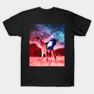 Trippy Panda Riding Giraffe In Space T-Shirt